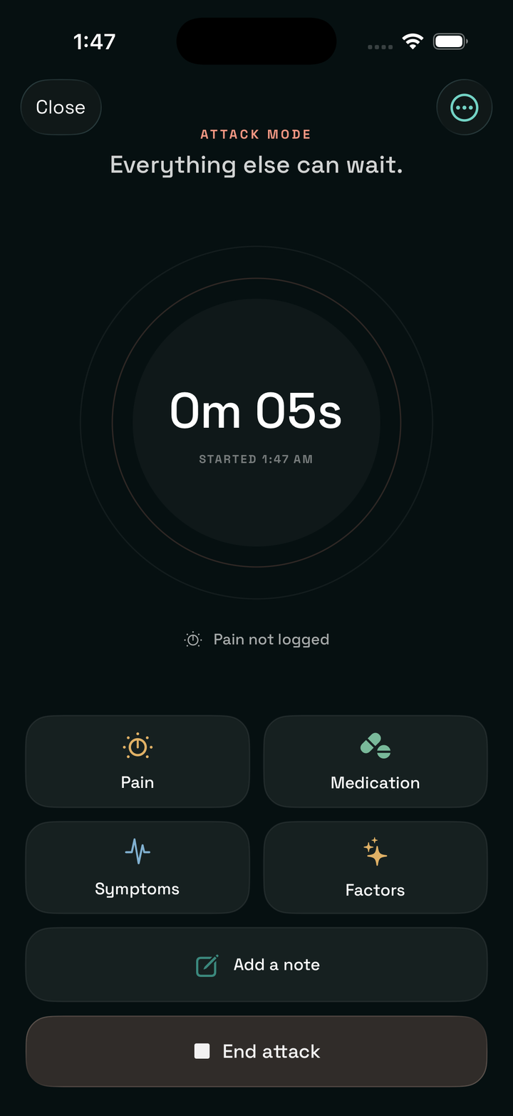 Calmraine Attack Mode with an elapsed timer and quick controls.