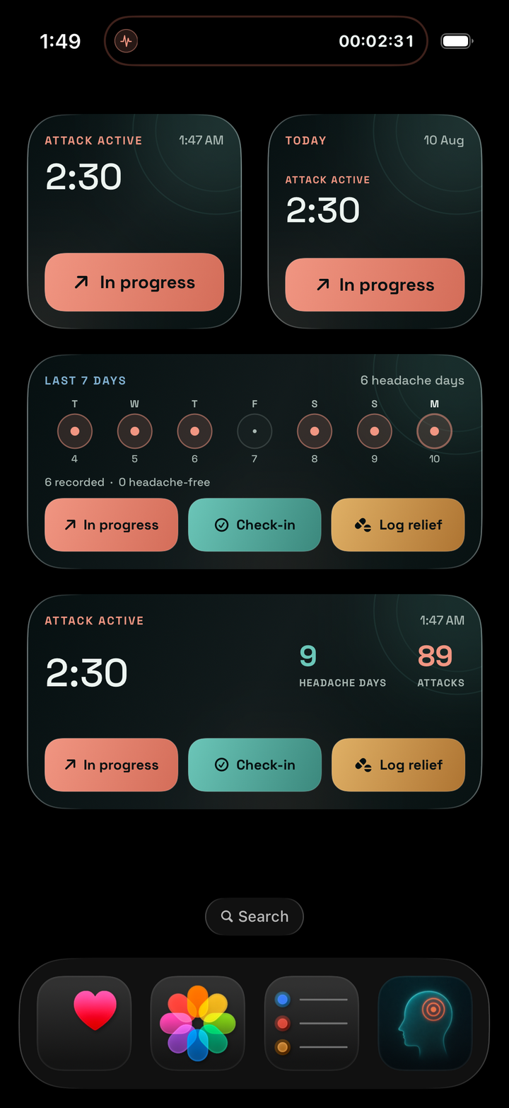 iPhone Home Screen with Calmraine’s compact active-attack timer in the Dynamic Island.