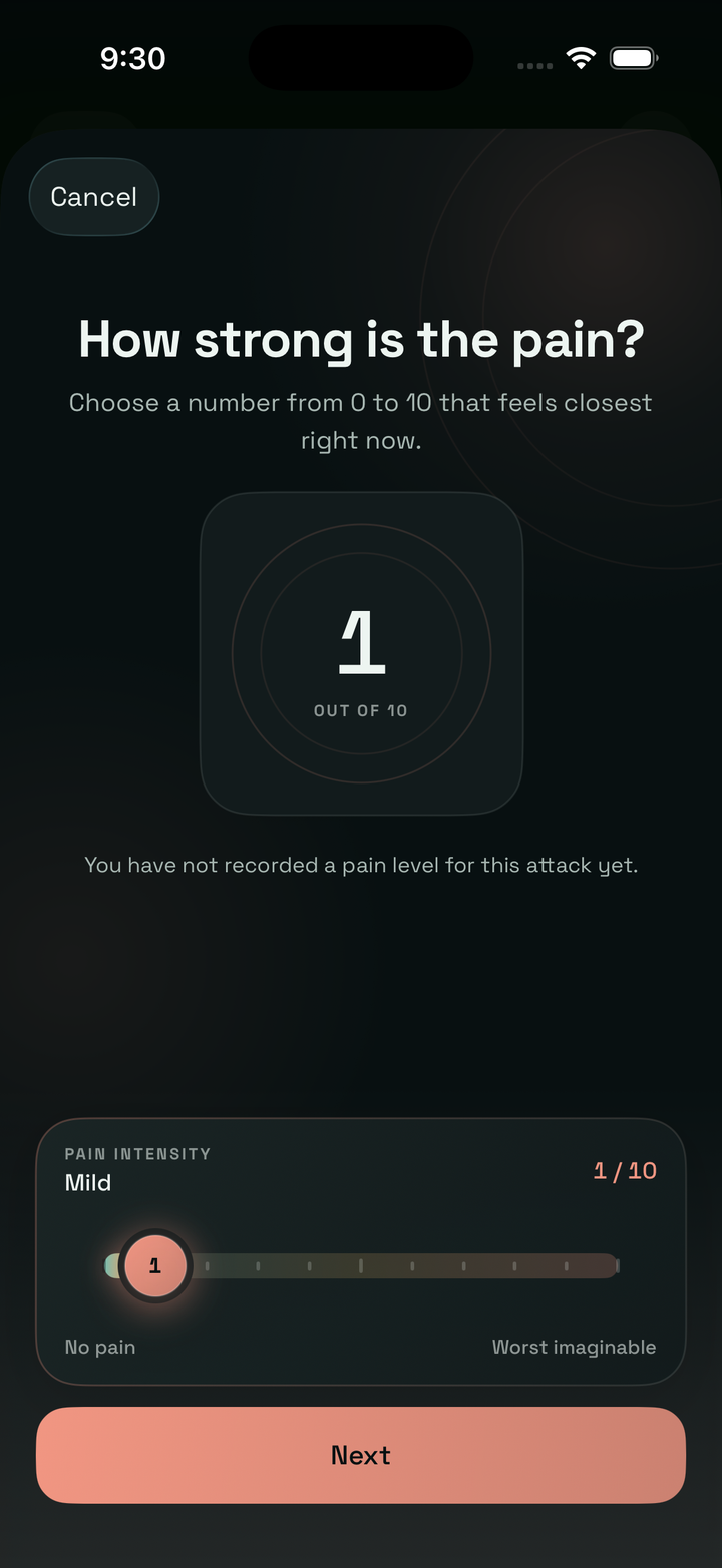 Calmraine pain intensity screen with a zero-to-ten scale.