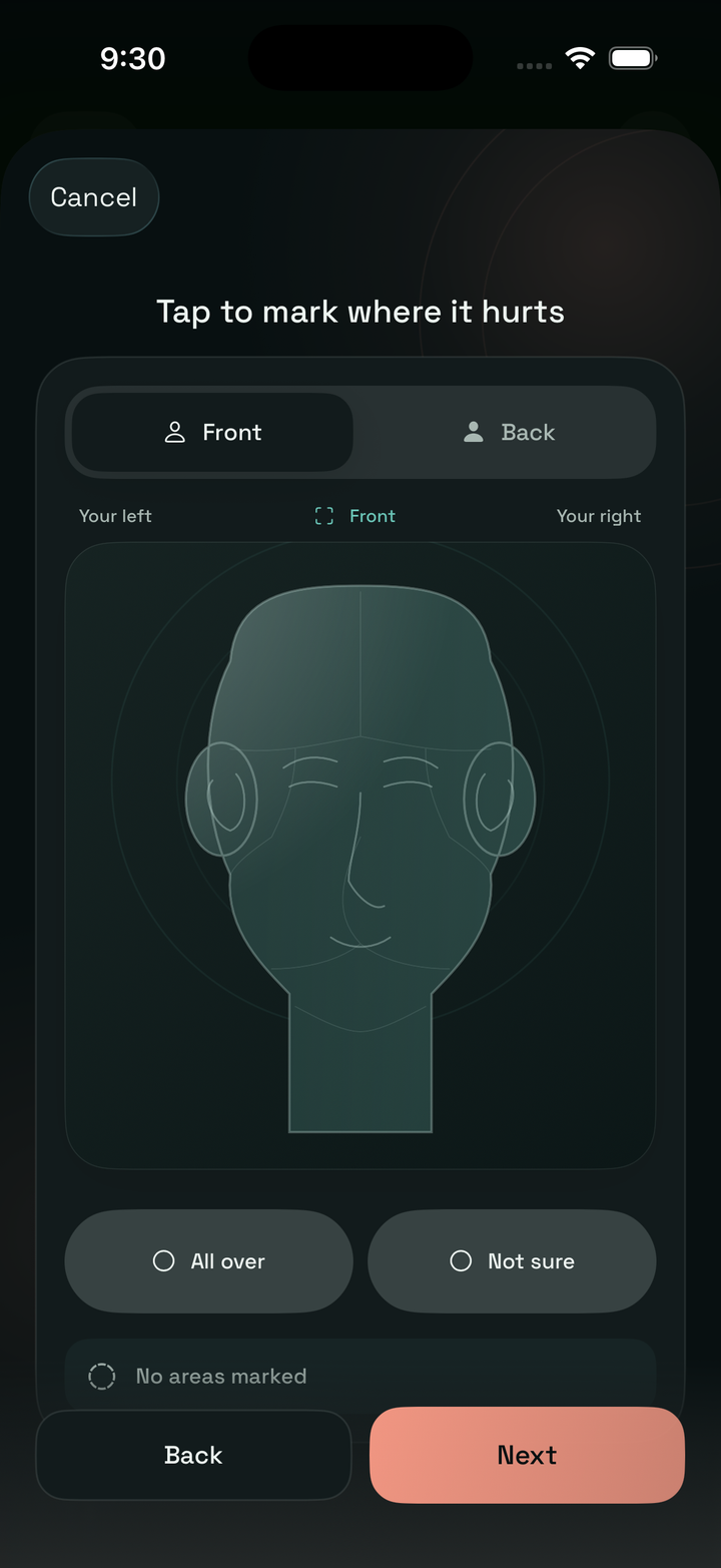 Calmraine pain location screen with a head map for marking where pain is felt.