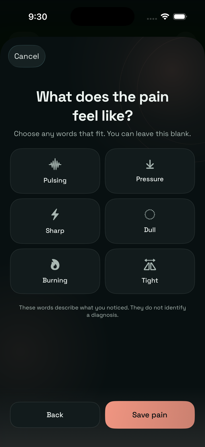 Calmraine pain quality screen for recording how migraine or headache pain feels.
