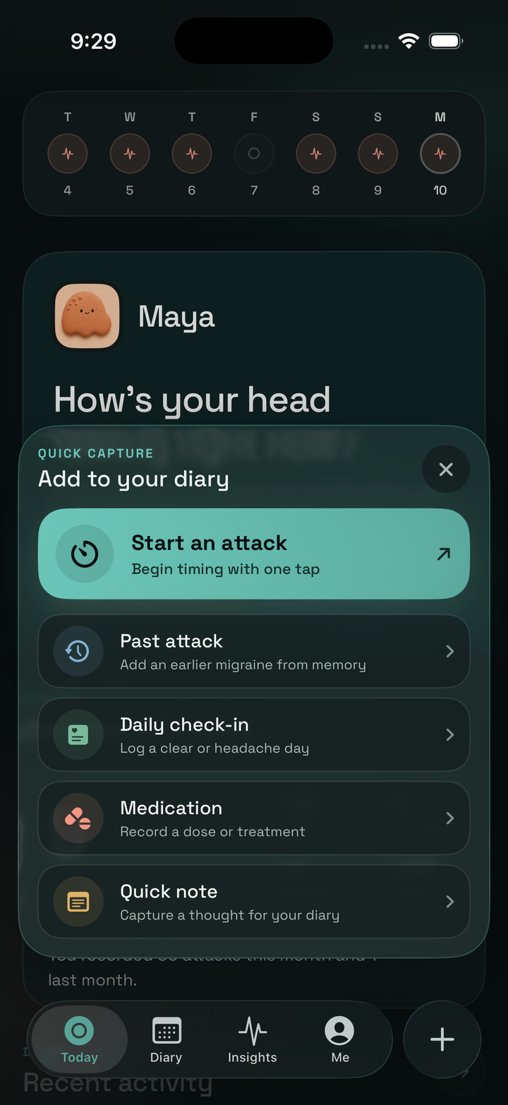 Calmraine Quick Capture sheet with actions for an attack, daily check-in, medication, and notes.