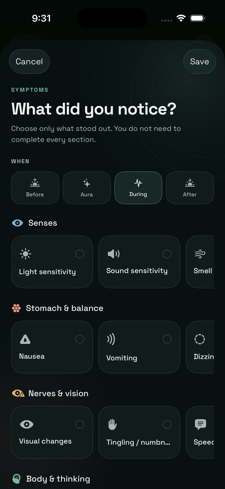Calmraine symptom tracker with optional migraine and headache symptoms.