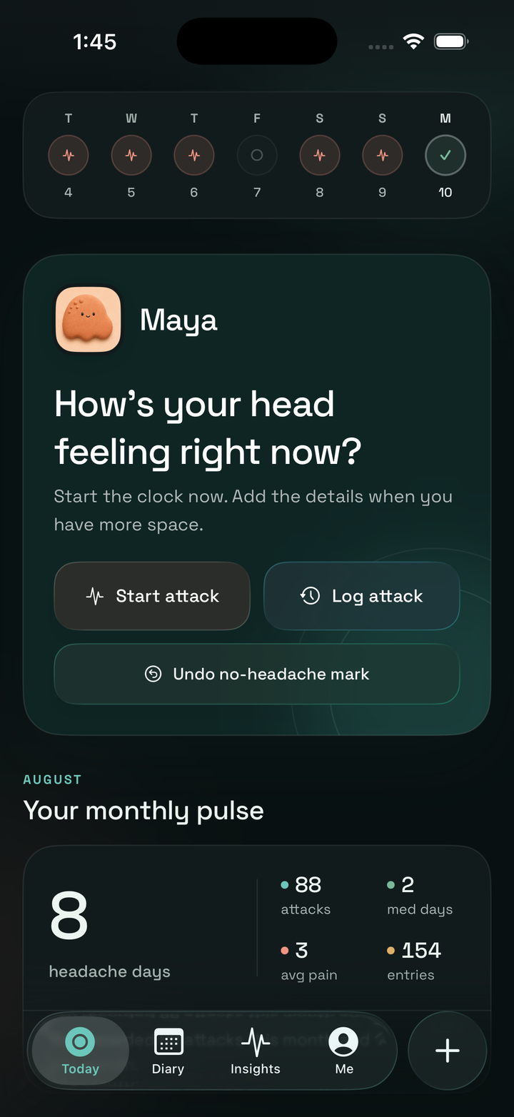 Calmraine Today screen for starting a migraine or headache attack record.